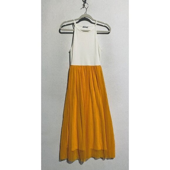 Zara Dress Womens Medium White Golden Yellow Pleated Combo Midi Flowy Boho - Picture 2 of 8